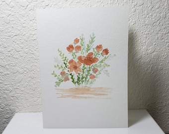 Original watercolor painting on card (not a print), orange flower, blank greeting card, watercolor card