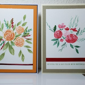 Hand painted roses on card, 5x7 in, original watercolor painting, not a print, red roses, orange roses image 1