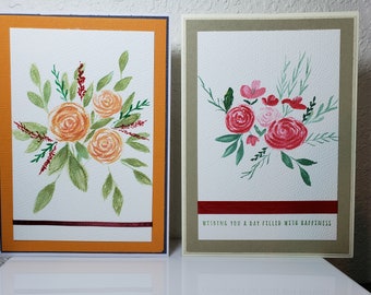 Hand painted roses on card, 5x7 in, original watercolor painting, not a print, red roses, orange roses