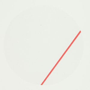 May include: A white circle with a thin red line drawn across it.