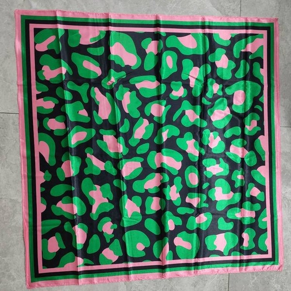 Black, Pink & Green Leopard square scarf- black base