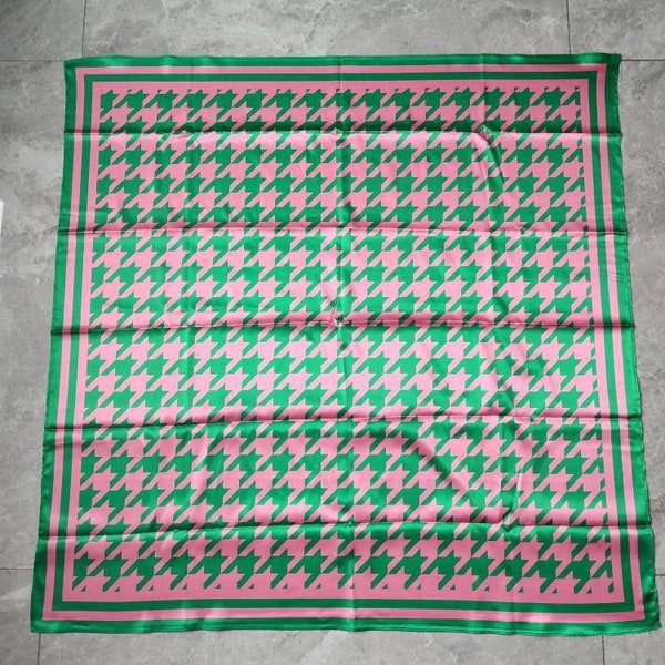 Pink & Green Houndstooth square scarf- with green trim