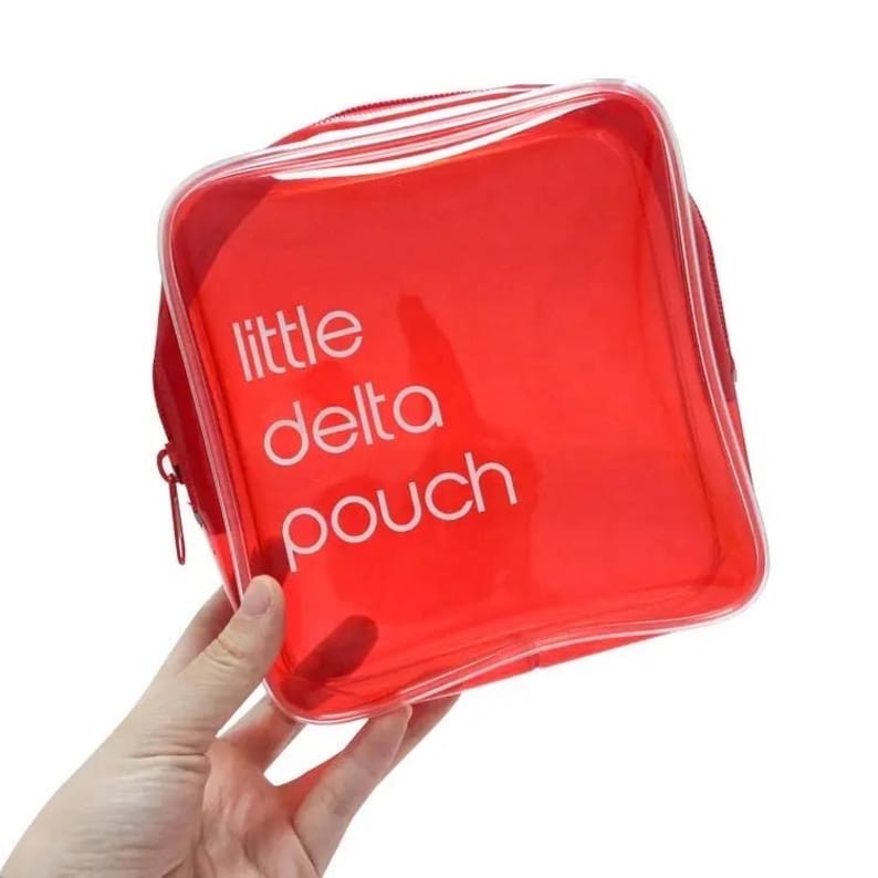 Pu&ograve; includere: Un astuccio rosso trasparente con la scritta bianca "little delta pouch". L'astuccio ha una chiusura a cerniera e una forma quadrata. L'astuccio &egrave; tenuto in mano.