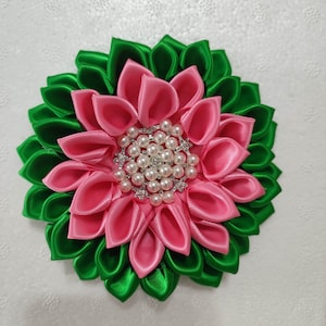 Pink / Green satin brooch - 2 layer