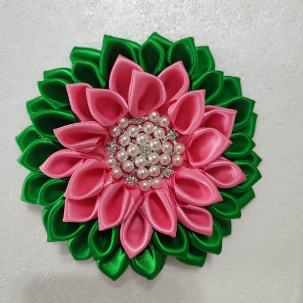 Pink / Green satin brooch - 2 layer