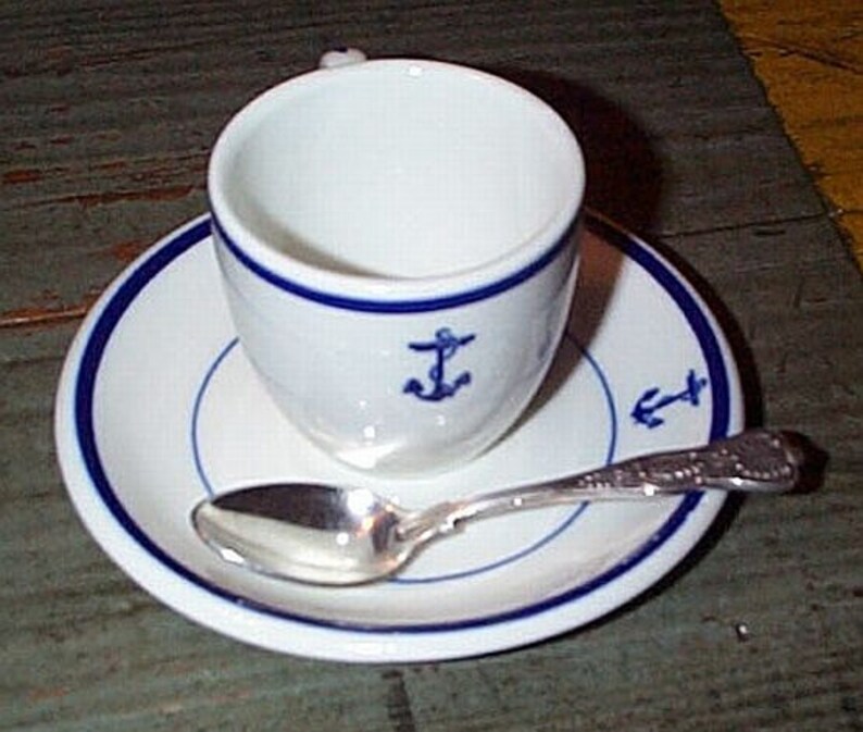 US Navy 3pc Demitasse Expresso Coffee Set w Fouled Anchor Heavy Durable Restaurantware Everyday Use Wardroom Officers Mess WWII Korea