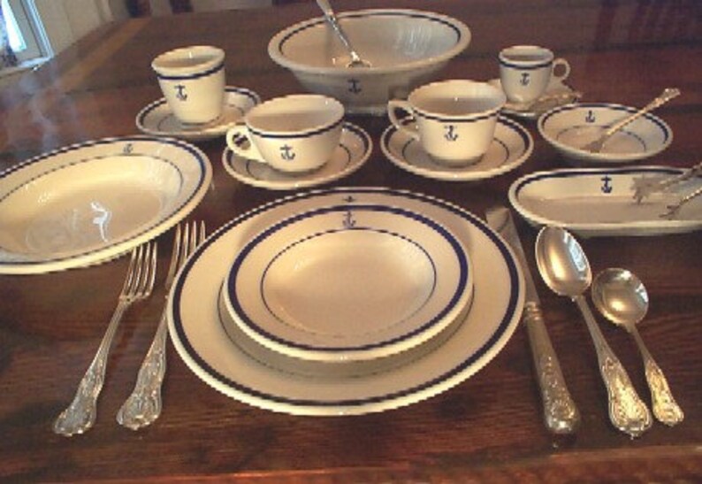US Navy 3pc Demitasse Expresso Coffee Set w Fouled Anchor Heavy Durable Restaurantware Everyday Use Wardroom Officers Mess WWII Korea