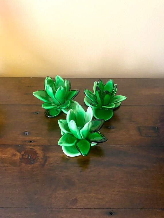 Green Art Glass Candle Holders Etsy