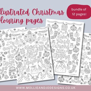 Páginas de colorir de Natal ilustradas - Conjunto de 12 | Folhas de colorir para imprimir | Desenhado à mão | Download instantâneo
