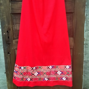 Vintage 70&#39;s Bright Red High Waisted Maxi Skirt with Wrap Around Ethnic Tapestry