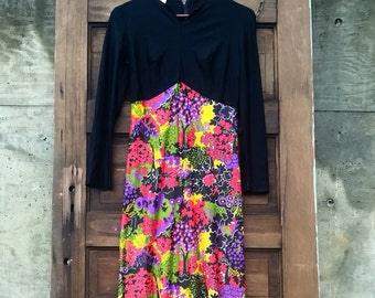 Vintage 60's Mod Black and Novelty Tree Print Long Sleeve Maxi Dress Groovy Gown