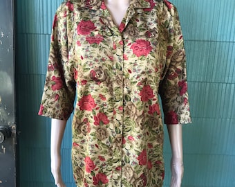 Vintage 90's Golden Floral Print Silky Button Down Kimono Top size Large