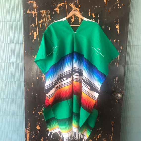 Vintage 70’s Authentic Green Mexican Woven Serape… - image 2