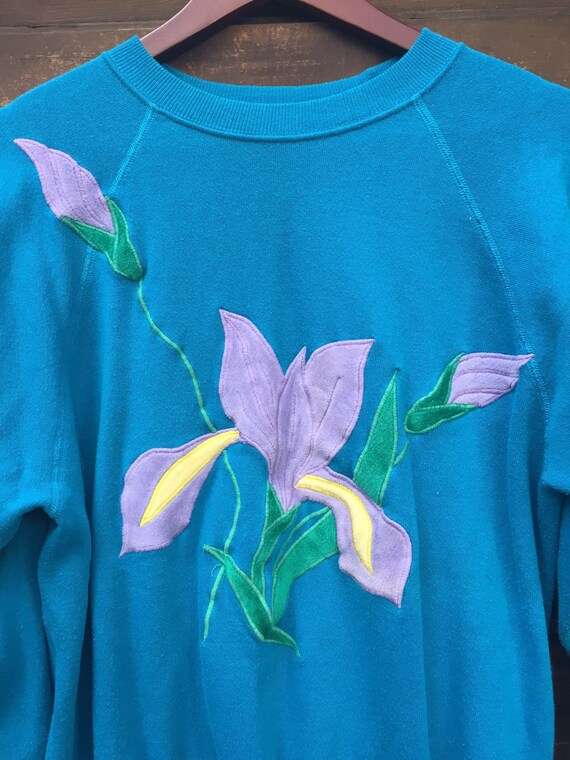 Vintage 80's Teal Velvety Iris Floral Jumper Swea… - image 2