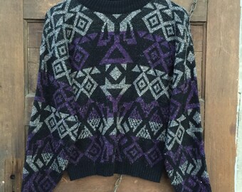 Vintage 80's Gray and Purple Fierce Geometric Pullover Sweater by Barrel