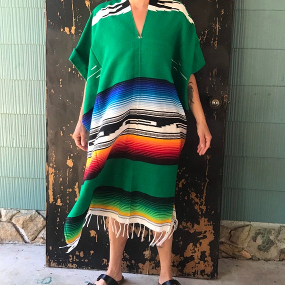 Vintage 70’s Authentic Green Mexican Woven Serape… - image 1