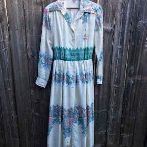 Vintage 70&#39;s Off White and Teal Floral Henley Long Sleeve Maxi Prairie Dress size medium/large