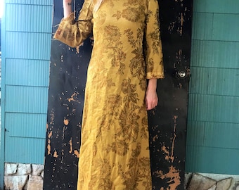 Vintage 60's Mod Mustard Gold Filigree Brocade Print Tapestry Curtain Dress size medium