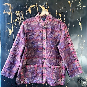 Vintage 90's Bright Magenta Demask Floral Paisley Textured Tapestry Blazer Jacket by Koret