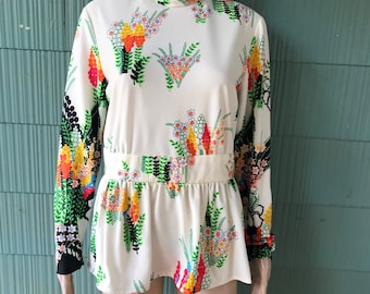 Vintage 70’s Mod Unique Novelty Print Floral Polyester Long Sleeve Mock Neck Tunic Top Size Large