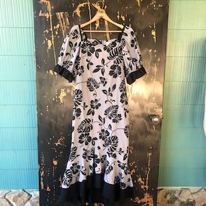 Vintage 70&#39;s Black with Gray Print Cotton Hawaiian Gothic Prairie Maxi Dress by Lolenani