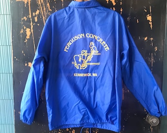 Vintage 80's/90's Shiny Blue Ferguson Concrete Kennewick, WA Nylon Jacket Unisex size Medium