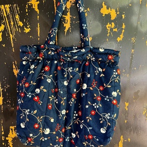 Vintage 70&#39;s Handmade Dark Blue Floral Large Quilted Purse/ Handbag