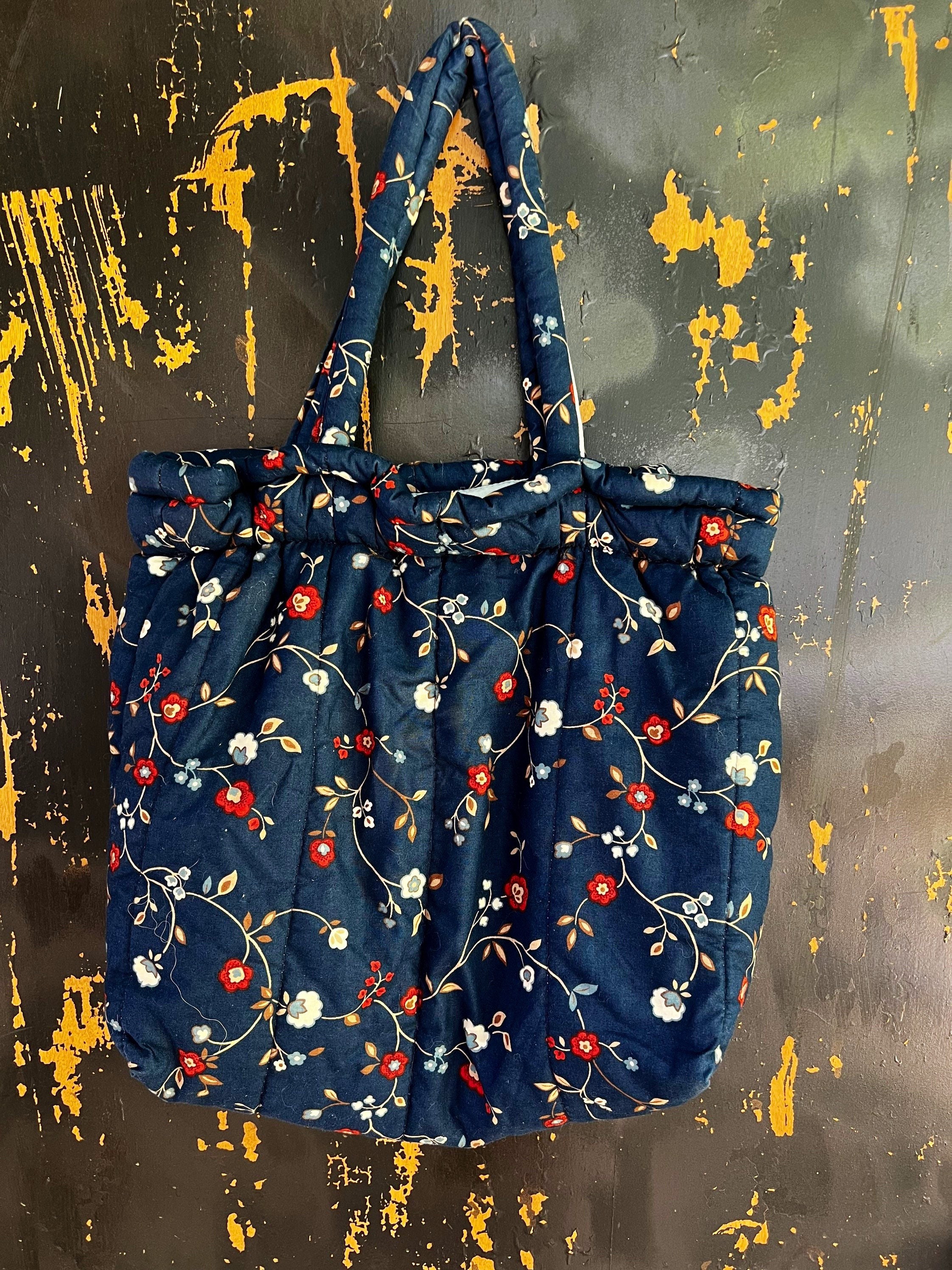 Vintage 70 s Handmade Dark Blue Floral Large Quilted Purse Handbag