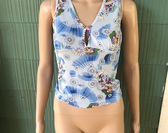 Gli anni '90 vintage fanno la canotta elasticizzata floreale Mod Sky Blue degli anni '60 di Nina Piu taglia piccola