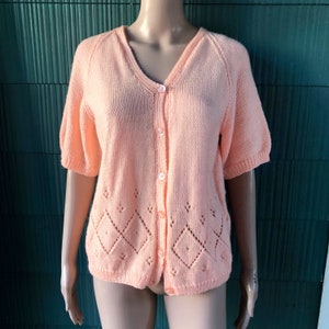 Vintage Salmon Pink Tshirt Length Sleeve Handmade Knit Cardigan Sweater size small/medium/large