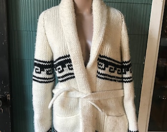 Vintage 60's White and Black Tribal Striped Knit Open Cardigan Robe