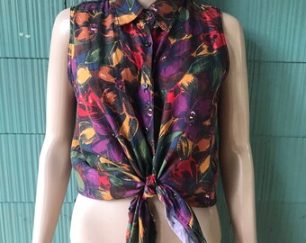 Top vintage com estampa floral abstrata dos anos 90, sem mangas, botão de seda, por Johnathan Martin, tamanho médio