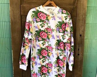 Vintage Early 90's Oversized Floral Sweatshirt Dress by Erika Taylor Sport Size Medium Deadstock