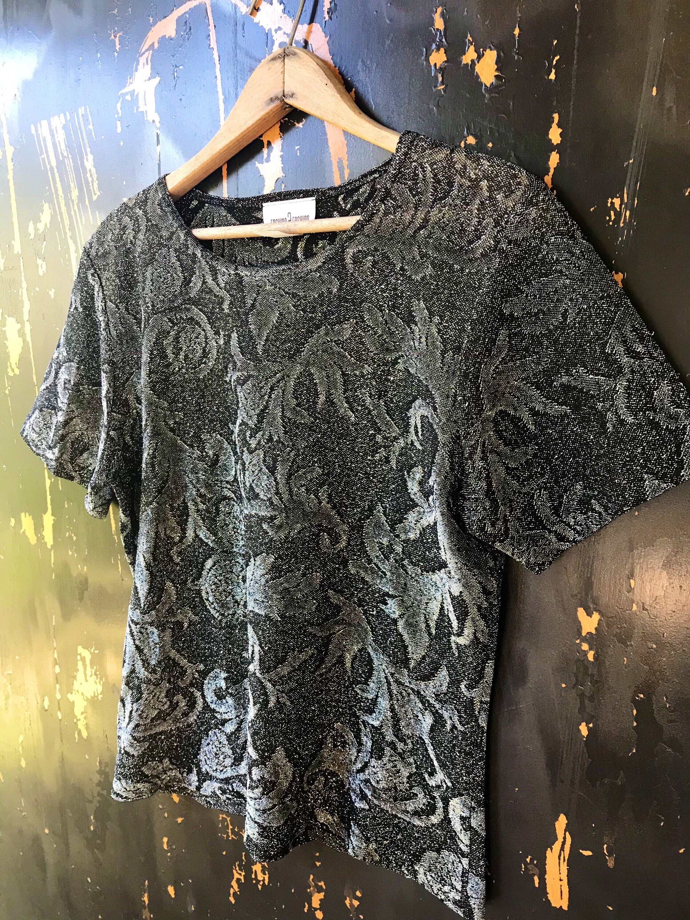 Vintage 90's Dark Silver Sparkle Burnout Demask Paisley