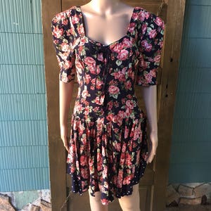 Vintage 80&#39;s Floral Corset Mini Dress with Polka Dot Underskirt by Jonathan Martin size Small/Medium
