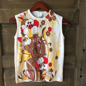 Vintage 60's Mod Nouveau Novelty Print Nylon Sleeveless Top by Miss Holly size small