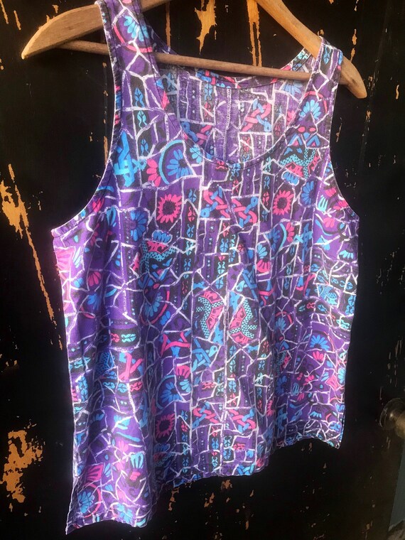 Vintage 80’s Purple Abstract Geometric Print Tank… - image 7