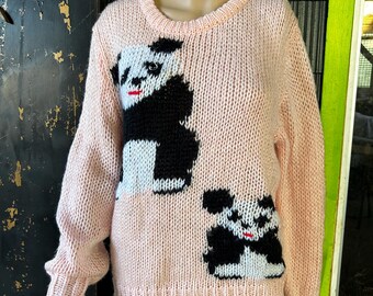 Vintage 80/90’s Special Pink Panda Sweater with hard Eyeballs  by Sarah size Medium RARE