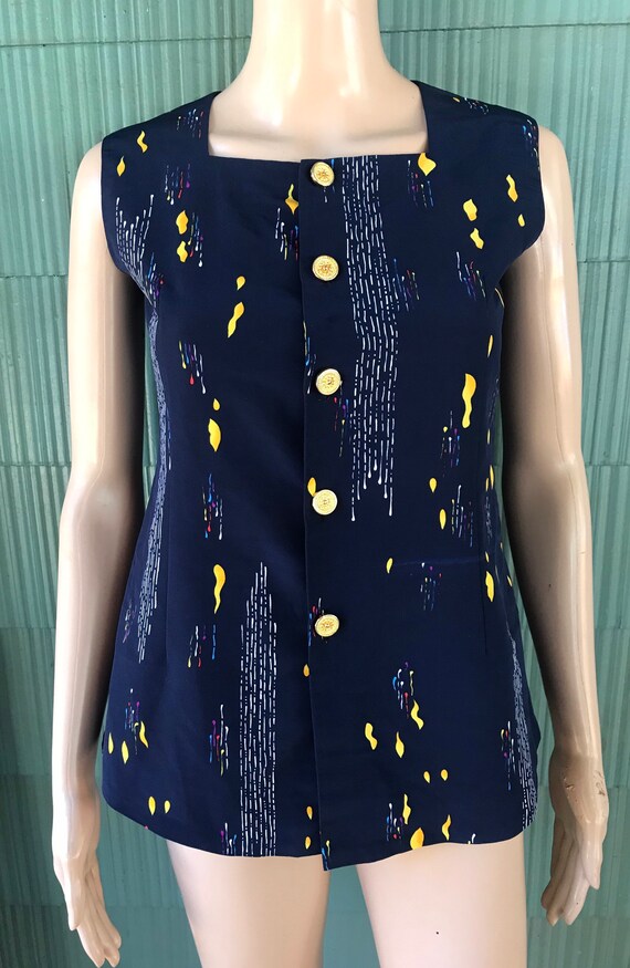 Vintage 80’s Navy Blue with Yellow Abstract Geome… - image 4