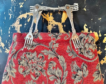 Vintage Antique Forks Top-handle Tapestry Carpet Bag/ Purse/ Hand