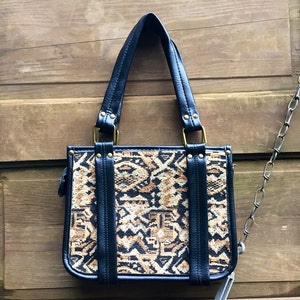 Vintage 50&#39;s/60&#39;s Woven Velvet Tapestry Carpet Purse with Black Faux Leather Detailing