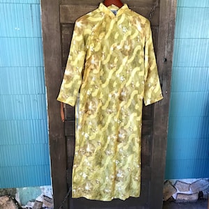 Vintage 60&#39;s Mustard Gold Burn Out Silk Velvet Kimono Maxi Dress