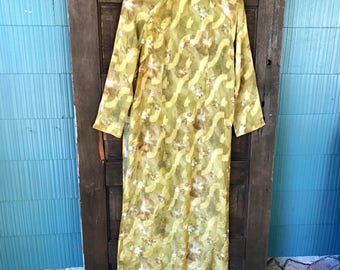 Vintage 60's Mustard Gold Burn Out Silk Velvet Kimono Maxi Dress