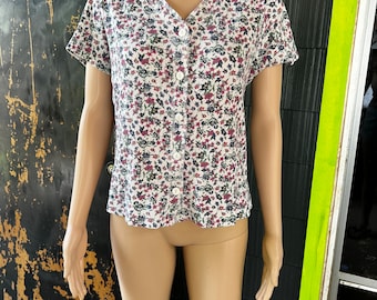 Vintage 90's Perfect Floral Print Ribbed Button Down Tshirt Top size large