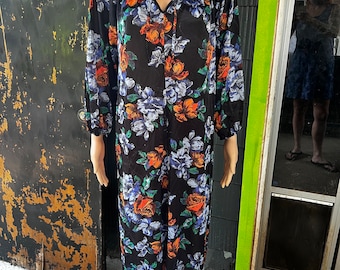 Vintage 70's negro con estampado floral azul y naranja manga larga pradera Mumu Kaftan Maxi vestido tamaño grande