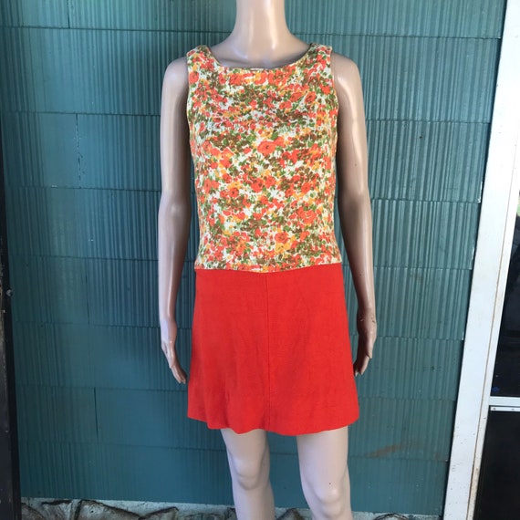 Vintage 60's Sleeveless Mod Orange and Floral Wov… - image 1