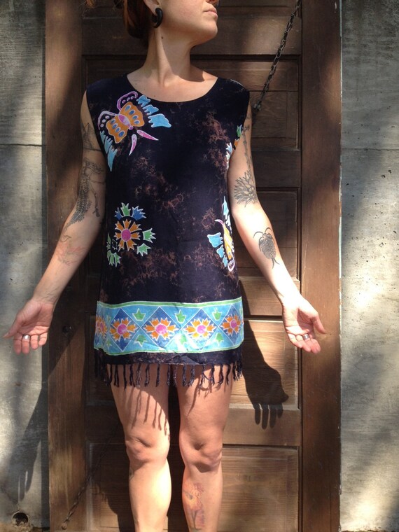 Vintage 90's Batik Butterfly Rayon Fringed Mini D… - image 4