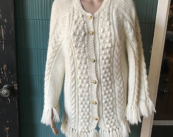 Vintage 50's White Knit Cardigan with Gold Tone Metal Buttons and Fringe size Women's medium