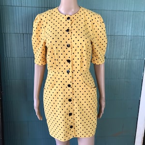 Vintage 80&#39;s Yellow with Black Polka Dots Blazer Day Dress by Les Ateliers size extra small/ small