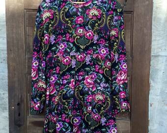 Vintage 80's Black Floral Long Sleeve Mini Dress size small/medium